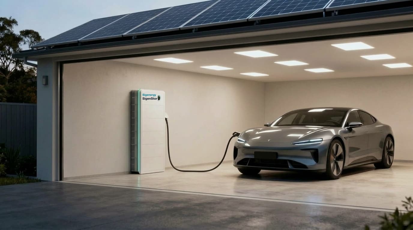 SigenStor 5-in-1 Battery with direct DC EV Fast Charger powering an electric vehicle in a Victorian garage with rooftop solar